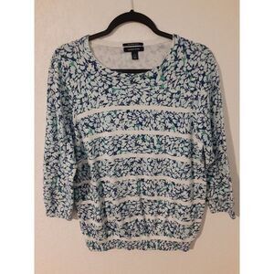 Lands End Women's Supima Cotton Blue Green Floral Crew Neck Sweater Top Size L